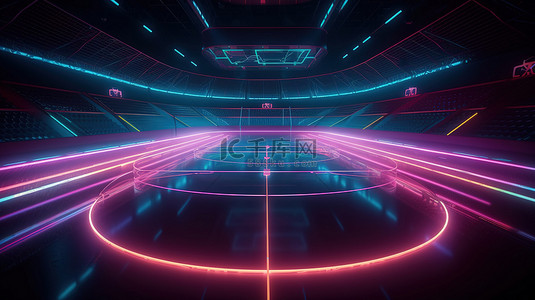 适合比赛背景图片_虚拟曲棍球场一个令人惊叹的 3D 渲染霓虹灯游乐场，适合体育游戏