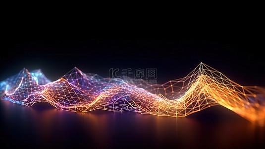 蓝色点线科技背景图片_3D 渲染的未来网格波，具有互连的发光点和线