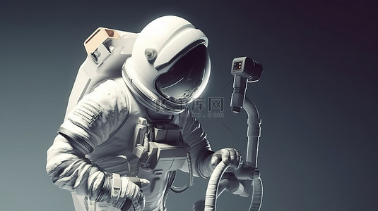 加油站加油插画背景图片_宇航员加注燃油泵喷嘴的 3D 渲染插画设计