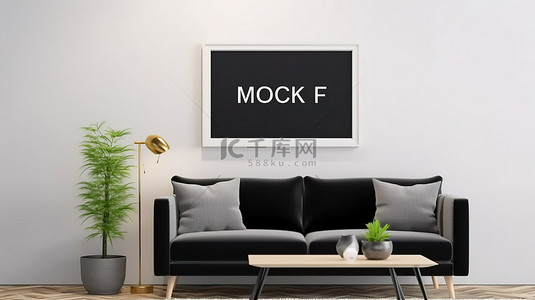 框架简约背景图片_简约的客厅内部配有黑色沙发和水平相框模型 3D 渲染
