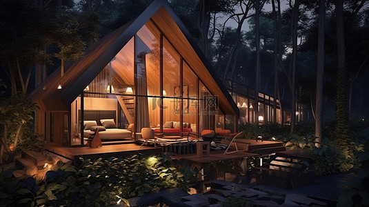 户外环境背景图片_夜间森林环境中带户外休息室的照明木屋设计 3D 插图