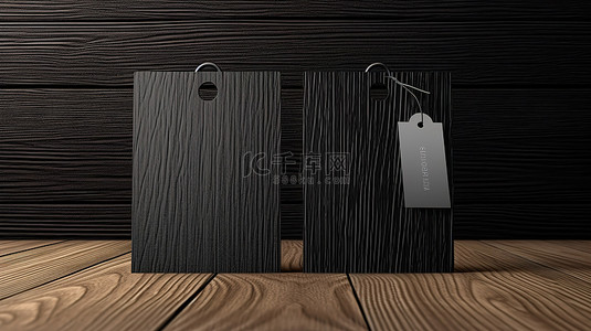 黑色标签背景图片_木桌上两个纹理黑色标签的 3D 渲染，非常适合显示您的折扣或价格