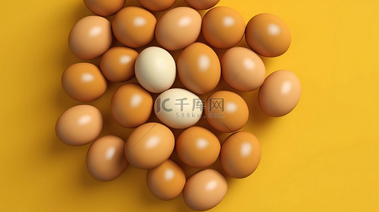鸡蛋引用鸟瞰图 3D 渲染鸡蛋在充满活力的黄色背景上