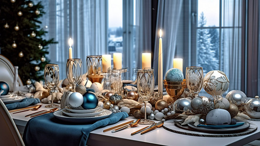 圣诞屋圣诞背景图片_蓝色白色和棕色色调的圣诞主题餐厅装饰的 3D 渲染
