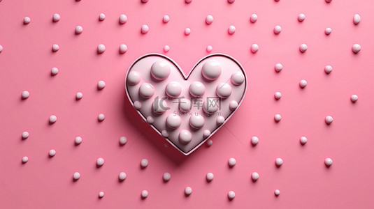 情人节节日粉红色背景，带有抽象圆点和受爱情 3D 渲染启发的白色心形