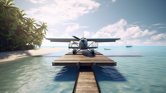 热带绿洲停靠在码头尽头的水上飞机的 3d 渲染