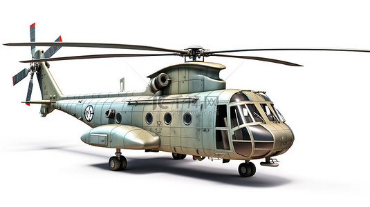白色背景下军用直升机或救援飞机的 3D 插图