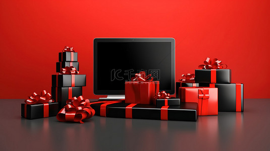 黑色圣诞背景背景图片_电脑和礼品盒丰富的黑色星期五超级销售与圣诞新年促销 3D 渲染