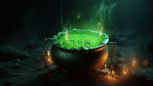 滴药水gif背景图片_铁锅中沸腾的绿色药水的 3d 插图