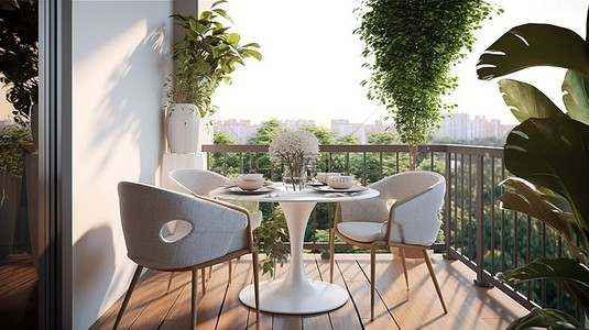 斯堪的纳维亚现代室内设计中带餐桌和自然景观的阳台的 3D 渲染插图