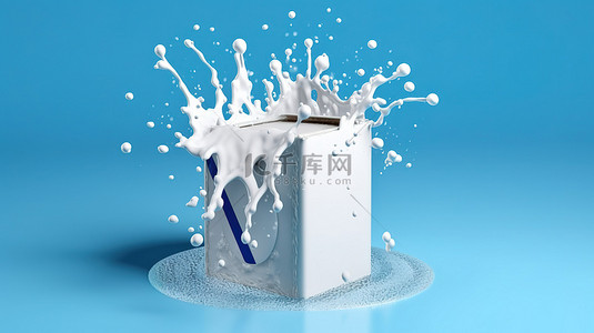 乳制品背景背景图片_蓝色背景下牛奶溅在饮料纸盒上的优雅 3D 渲染