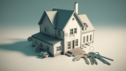 钥匙背景图片_令人惊叹的 3D 渲染中的房地产概念房和钥匙