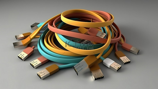 3D 渲染的 USB 电缆平铺