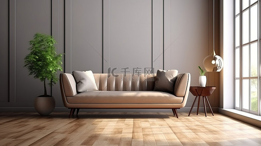 优雅的客厅内配有木地板和简约背景的当代棕色沙发的 3D 渲染