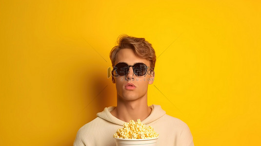 戴着 3D 眼镜的年轻人靠在亮黄色的墙上咀嚼爆米花