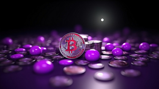 紫色球体的 3d 渲染代表对比特币加密货币硬币的电子商务投资