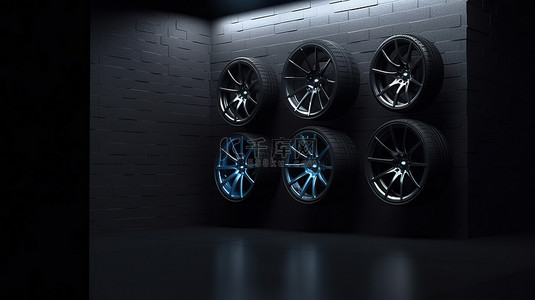 为您背景图片_光滑的汽车轮胎贴在黑墙上，为您的封面或海报提供 3D 渲染设计
