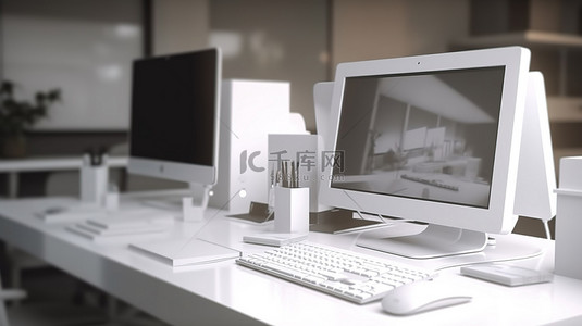 一对 3D 白人夫妇在办公桌模型上使用电脑屏幕的特写