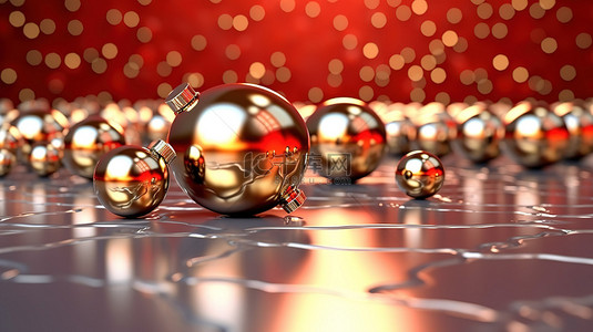 新年快乐、金色背景图片_华丽的金色和红色圣诞球 3D 呈现圣诞快乐和新年快乐卡