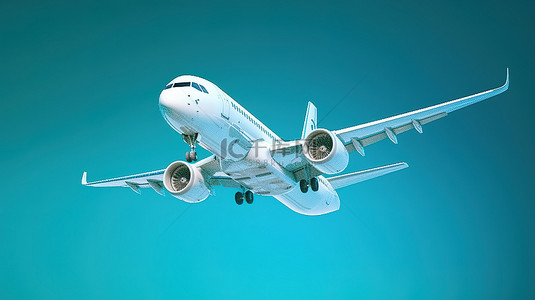 蓝色背景，带有客机在天空中翱翔的 3D 插图