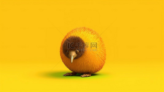 充满活力的 3D 插图猕猴桃在黄色背景上休息