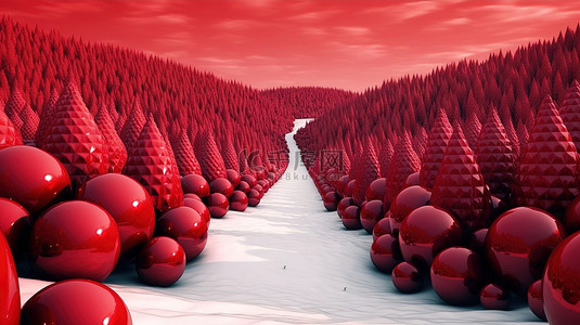 金雪背景图片_3d 圣诞树森林由充满活力的红色装饰品组成