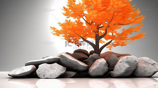 暗黑森林树林背景图片_令人惊叹的 3D 渲染中的橙叶树，前景是岩石