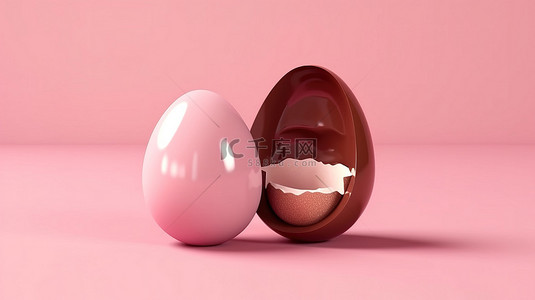 一个带有粉红色填充物的分裂巧克力蛋，在 3D 渲染中庆祝复活节，非常适合节日背景和文本定制