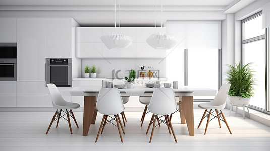 餐厅室内背景背景图片_时尚简约的白色餐厅，背景 3D 渲染中有舒适的厨房空间