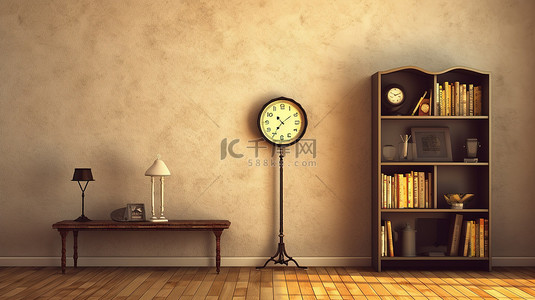 计时器空白背景图片_空置的复古空间，配有书柜落地灯和 3D 计时器