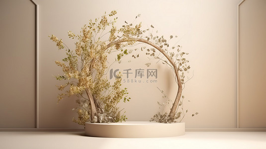 带春叶和树枝的 3d 工作室中的产品展示台