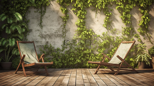 质朴的花背景图片_池畔放松 3D 渲染木制躺椅，位于质朴的地板上，旁边是装饰着攀缘植物的墙壁