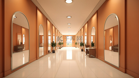 镜面地板背景图片_现代走廊，配有管家和 3D 渲染的镜面墙