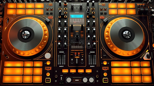 顶视图 DJ 转盘和混音器设置的 3D 插图