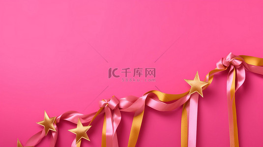 粉红色背景的 3d 渲染与金星奖章和彩带