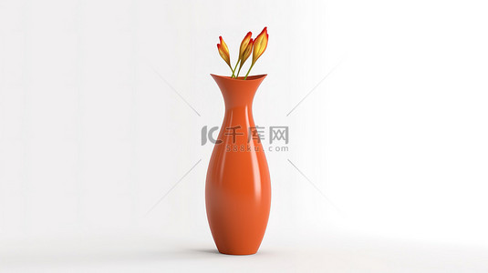优雅高的橙色花瓶，在白色背景 3D 渲染上展示您的花朵
