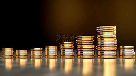 象征投资增长和储蓄进展的堆叠金币的 3D 渲染插图