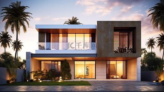 3D 渲染的现代房屋外观中的简约建筑风格