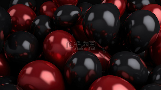 黑色背景上红色和黑色气球的 3D 渲染，用于节日庆祝活动