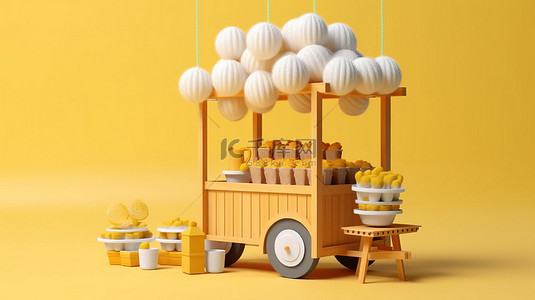 木制亚洲街头食品肉丸面车的 3D 渲染，座椅位于白色和黄色背景上