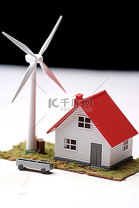 风车背景图片_小房子前的模型和玩具风力涡轮机