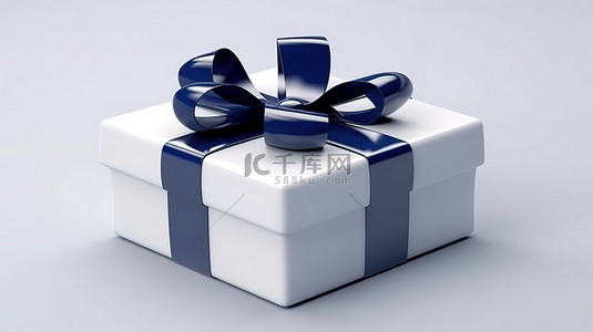 闪闪发光的蓝丝带蝴蝶结装饰逼真的 3D 白色礼盒