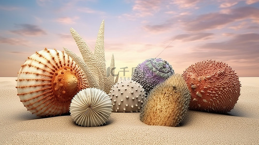 3d 渲染的海洋生物背景，以海胆壳鲤鱼和珊瑚为特色