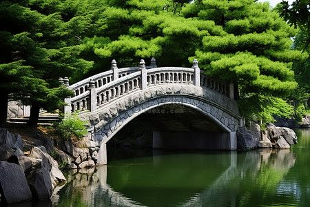 湖上的一座桥，背景是树木