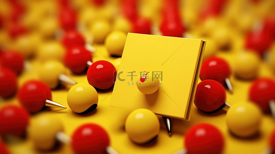 快乐大本营背景图片_3D 渲染的红色图钉附在黄色便签上，快乐地庆祝圣诞节