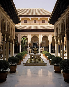 布拉宫背景图片_有喷泉和一些拱门的庭院