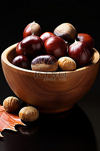 树叶碗背景图片_栗子和其他坚果放在木碗里