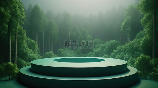 绿色照片背景图片_高级照片背景，在郁郁葱葱的绿色森林中呈现逼真的 3D 渲染讲台