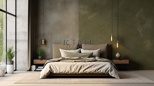家庭卧室样机中带有床窗和枕头的深色灰泥墙背景的 3D 渲染