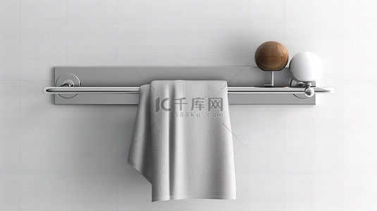 现代不锈钢毛巾架，在白色壁纸墙上展示毛巾 3D 渲染
